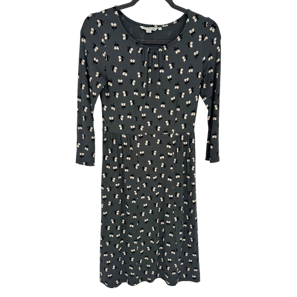 Boden Gray Black Bee Print A Line Midi Dress 3/4 Sleeve Pleated Stretch Womens 6
